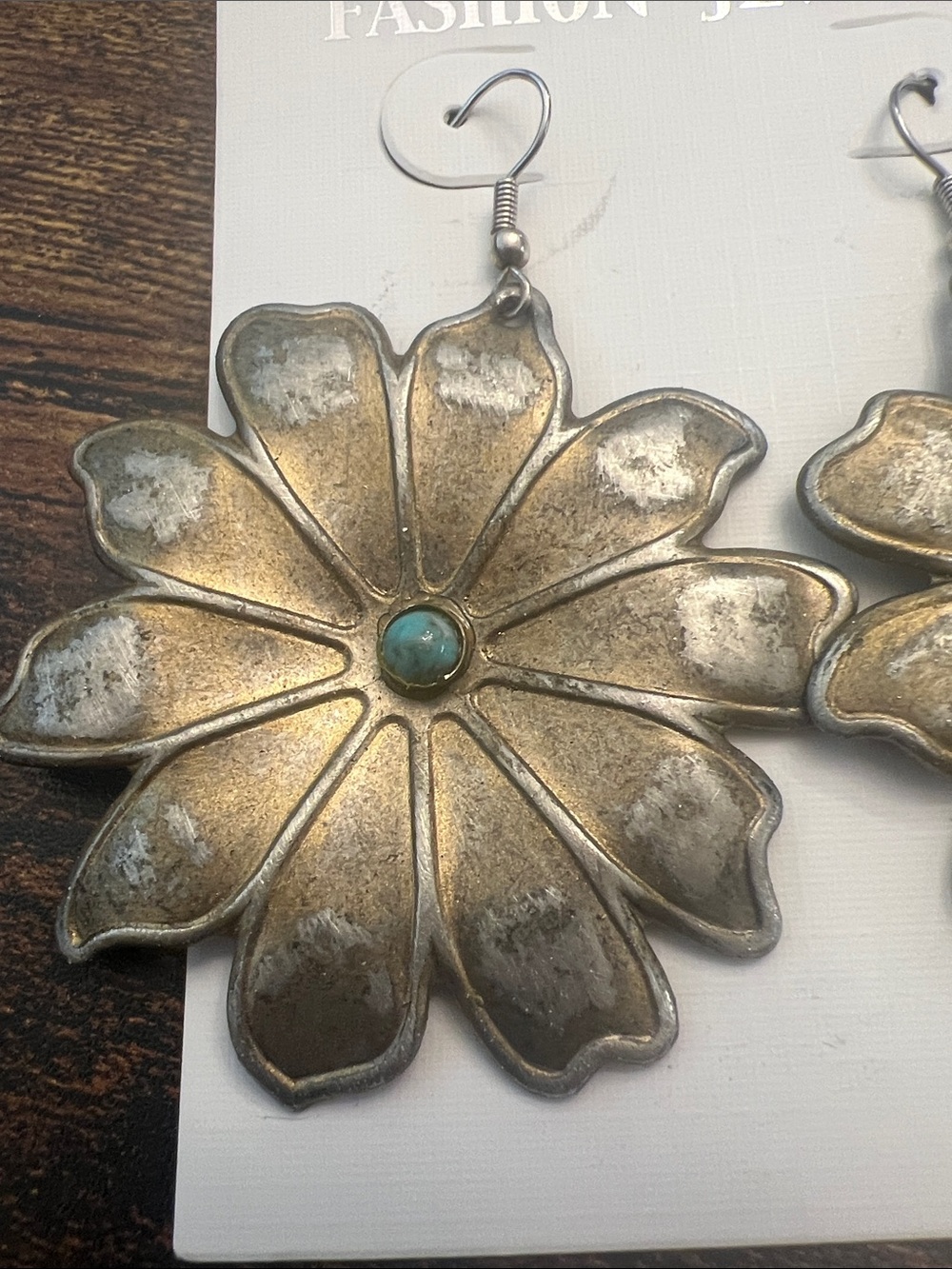 Fashion Jewelry Gold-Tone Flower Earrings with Turquoise Center - Picture 2 of 6